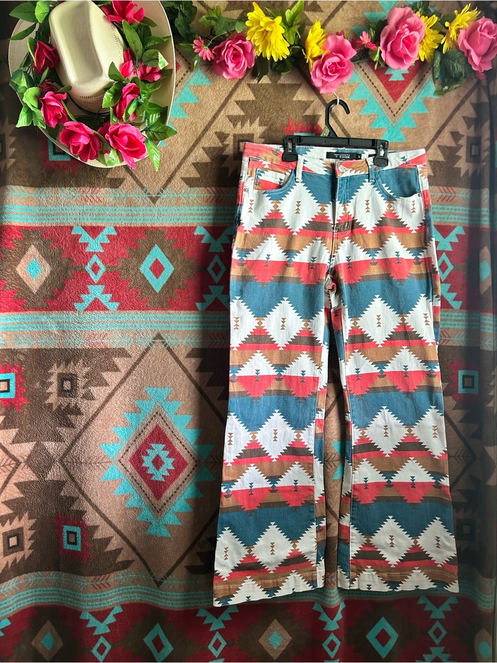 Lucky & Blessed Turquoise, Coral & Brown Patterned Jeans